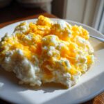 Close-up of creamy crockpot cheesy potatoes topped with melted bright orange cheddar cheese on a white plate.