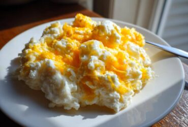 Close-up of creamy crockpot cheesy potatoes topped with melted bright orange cheddar cheese on a white plate.
