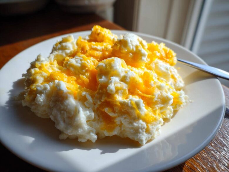 Close-up of creamy crockpot cheesy potatoes topped with melted bright orange cheddar cheese on a white plate.