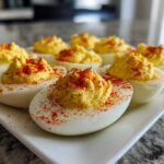 A close-up of several creamy deviled eggs piped high with filling and sprinkled generously with paprika, ready to serve.