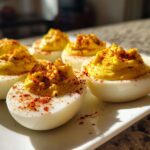 Close-up of several creamy deviled eggs, piped high and dusted generously with paprika, served on a white platter.