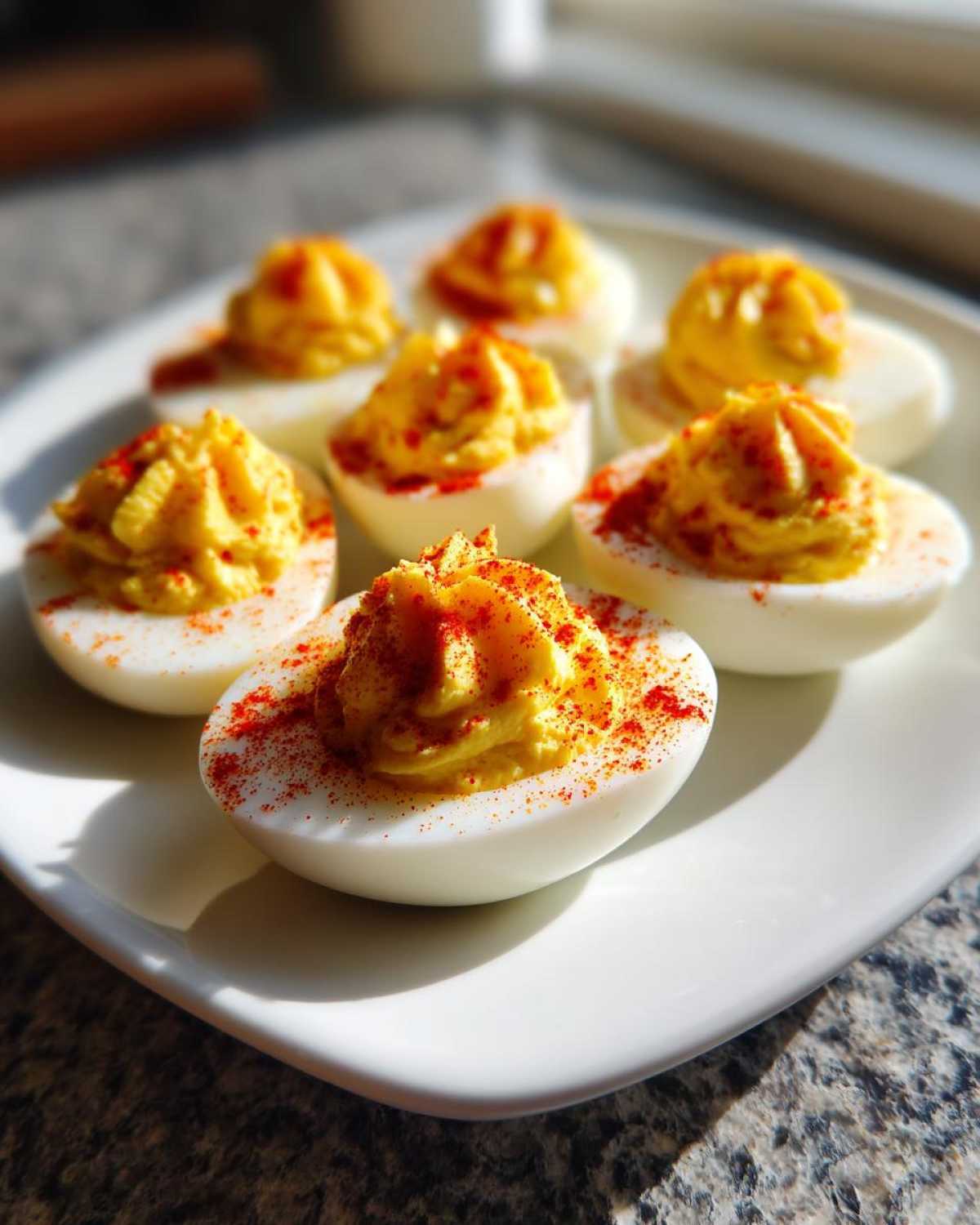 A plate of perfectly piped, creamy deviled eggs sprinkled with bright red paprika.