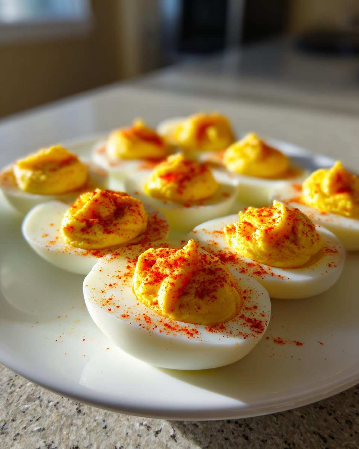 A close-up of several creamy deviled eggs sprinkled with paprika served on a white plate.