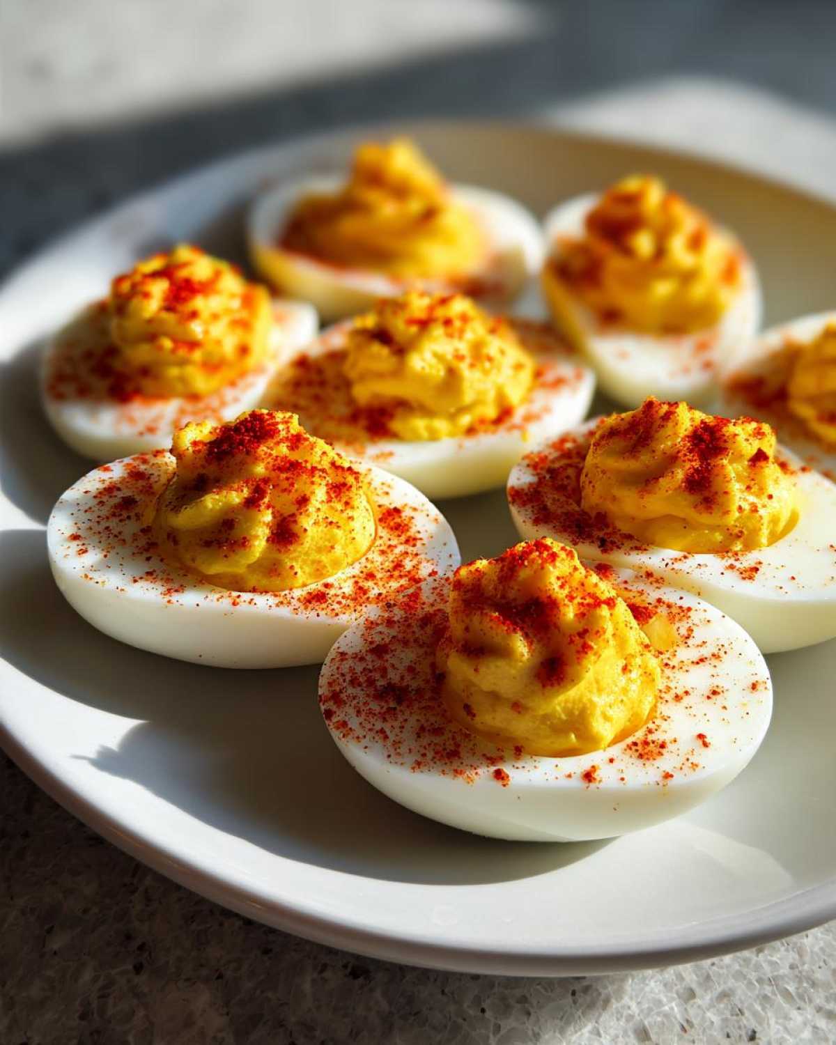 A plate of perfectly prepared deviled eggs, featuring creamy yellow filling piped high and sprinkled generously with red paprika.