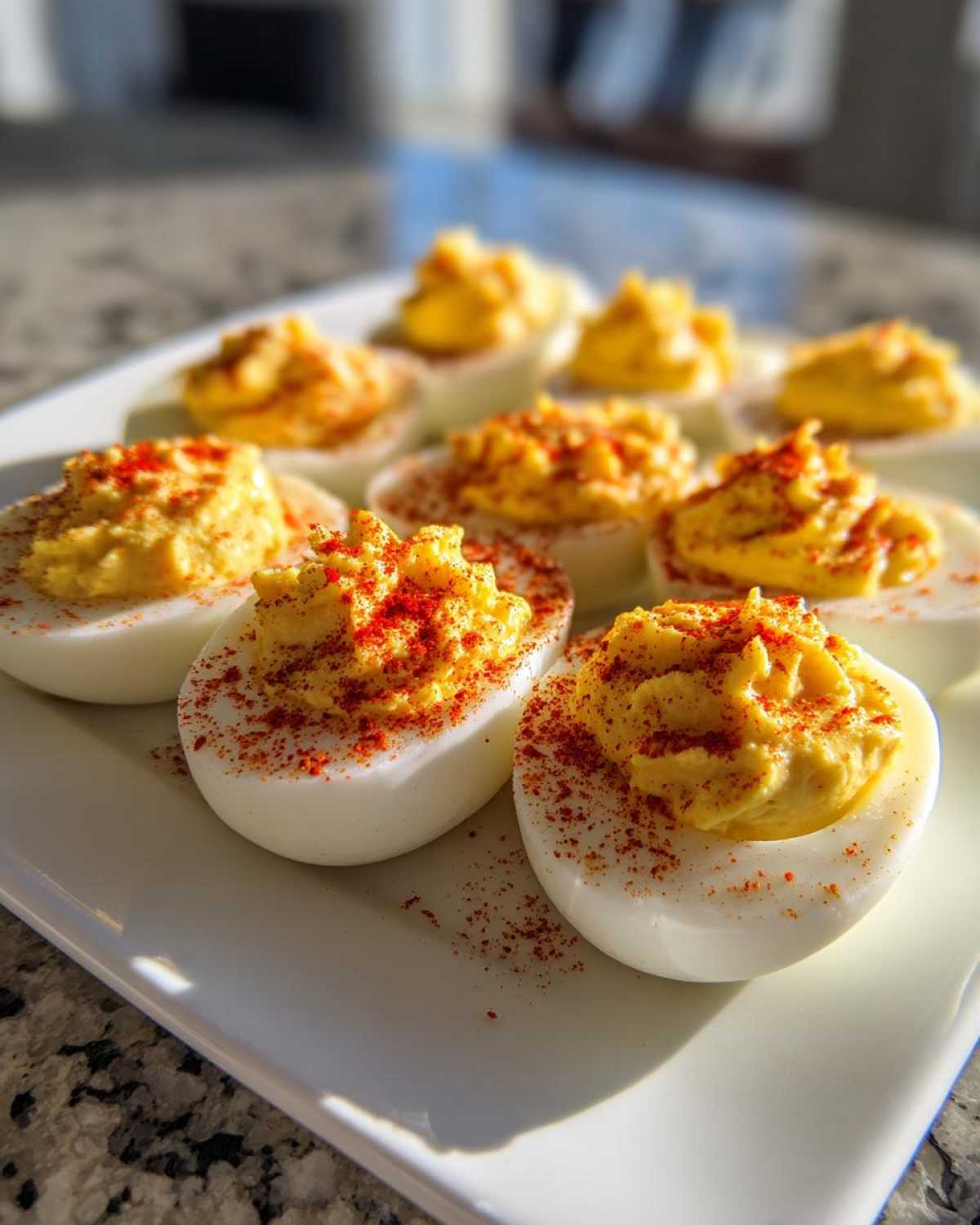 A plate of creamy deviled eggs, piped high and generously sprinkled with bright red paprika seasoning.