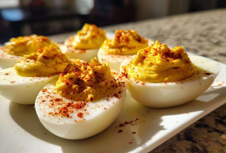 Close-up of several creamy deviled eggs, piped high and dusted generously with paprika, served on a white platter.