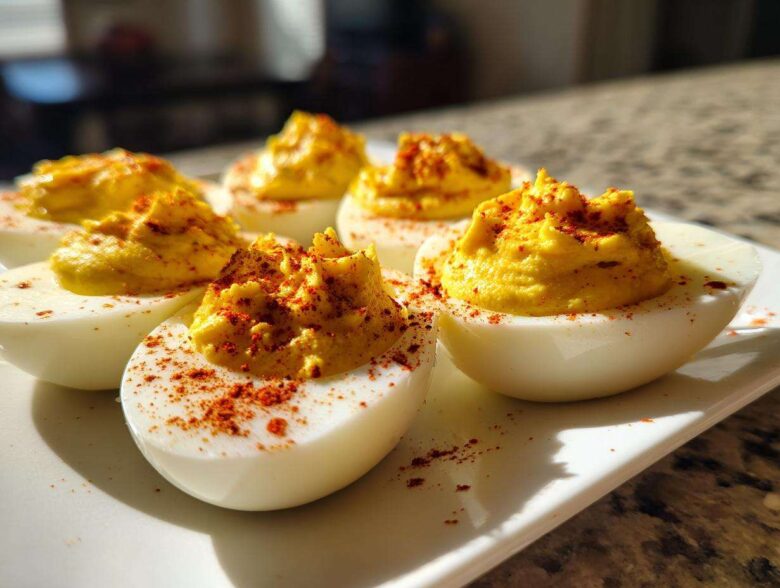 Close-up of several creamy deviled eggs, piped high and dusted generously with paprika, served on a white platter.
