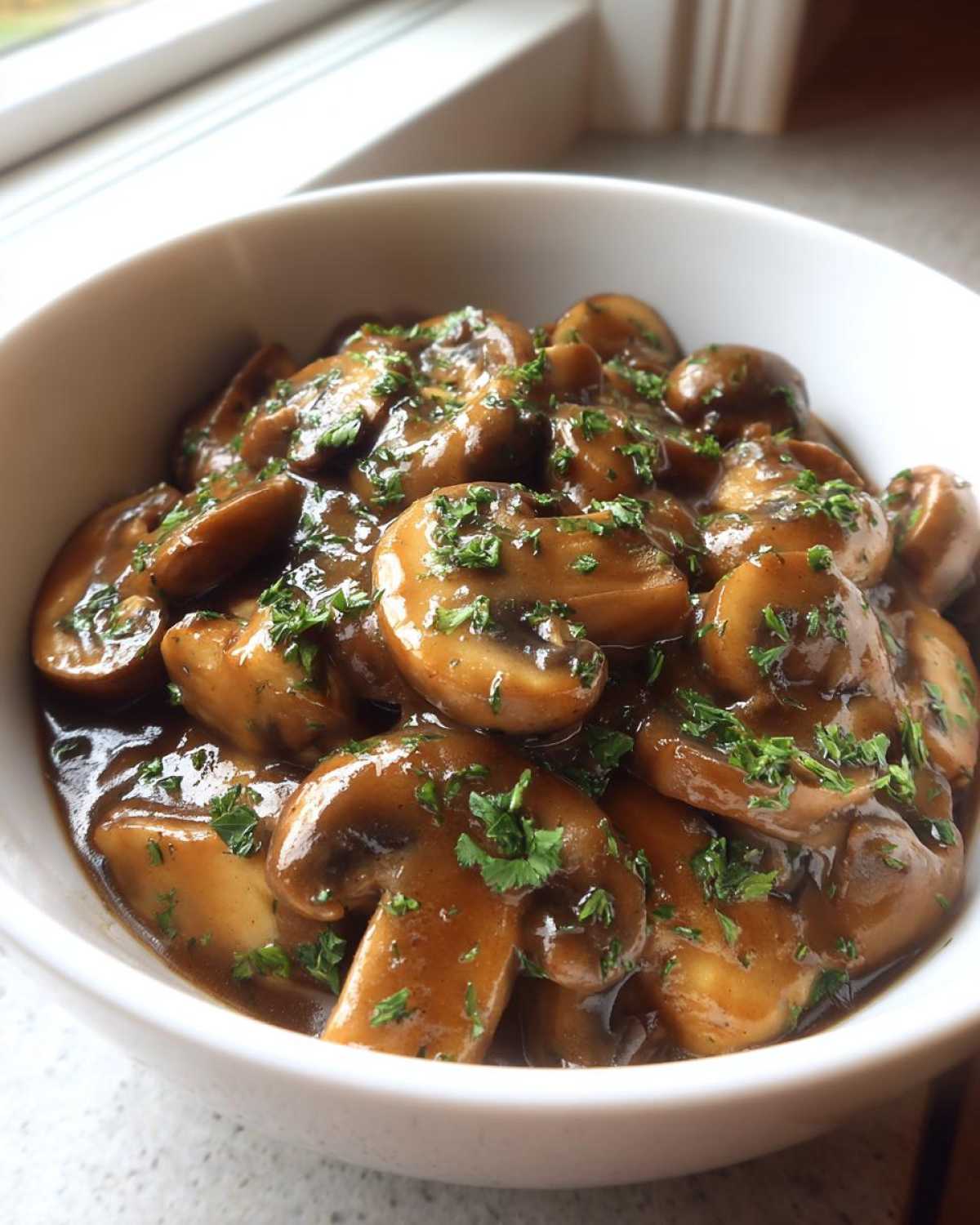 Close-up of sliced mushrooms coated in a rich brown mushroom sauce, garnished with fresh parsley.