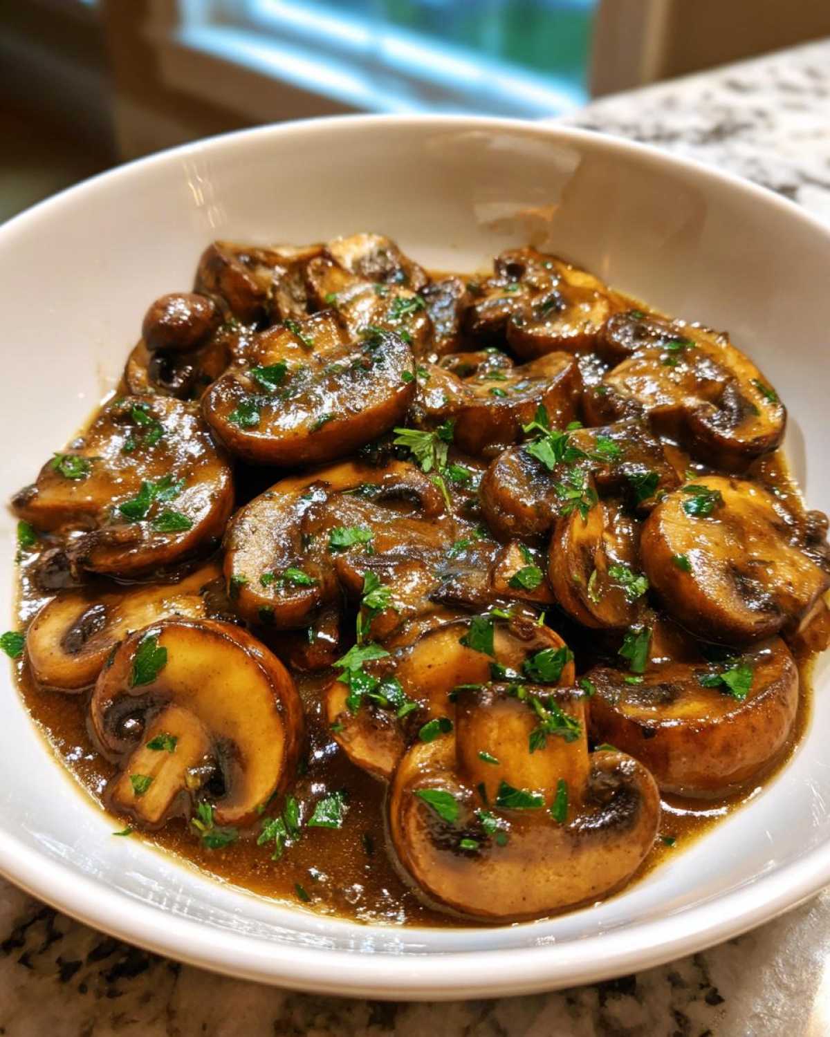 Close-up of sliced mushrooms coated in a rich brown mushroom sauce, garnished with fresh parsley.