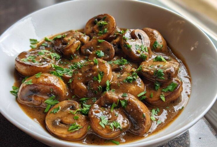 Close-up of whole button mushrooms smothered in a rich, brown creamy mushroom sauce and topped with fresh parsley.