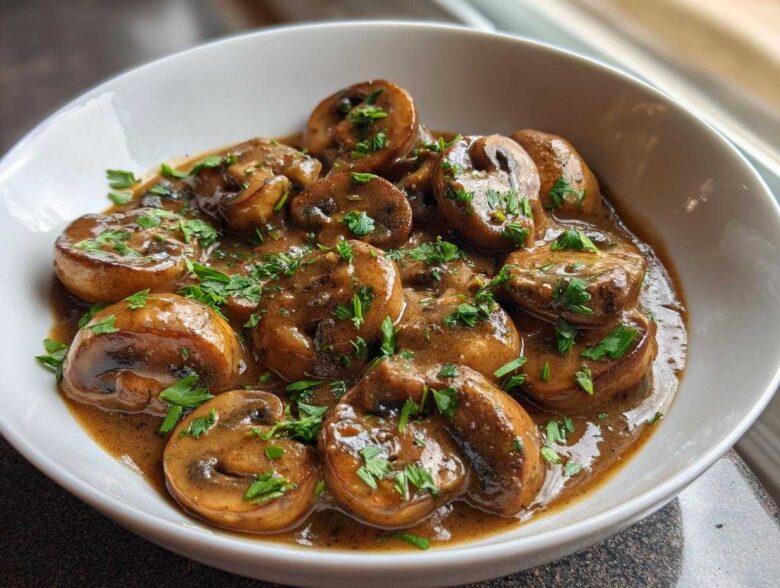 Close-up of whole button mushrooms smothered in a rich, brown creamy mushroom sauce and topped with fresh parsley.