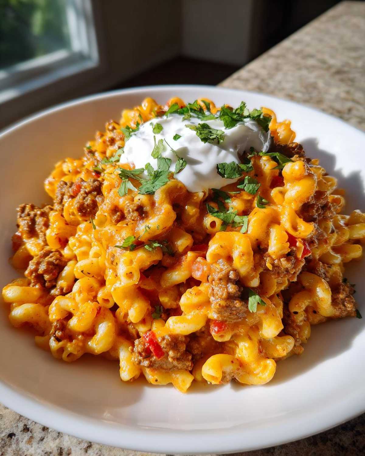 A close-up of creamy taco pasta mixed with ground beef, topped with a dollop of sour cream and fresh cilantro.