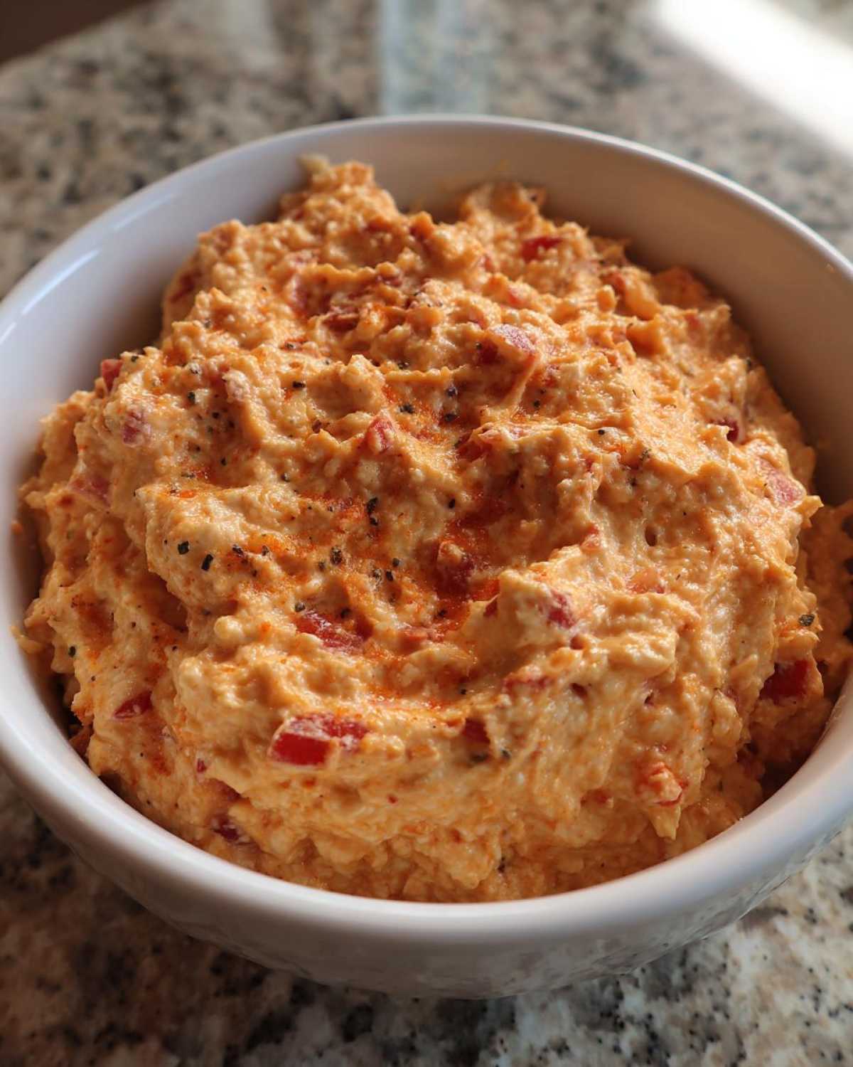 Close-up of a thick, creamy orange boat dip, seasoned with pepper and paprika, served in a white bowl.