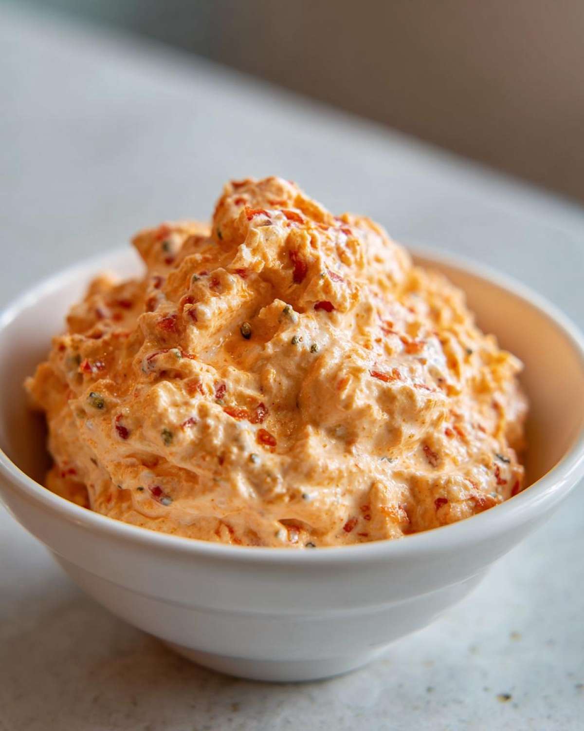 Close-up of thick, creamy orange boat dip mixed with red pepper pieces in a small white bowl.