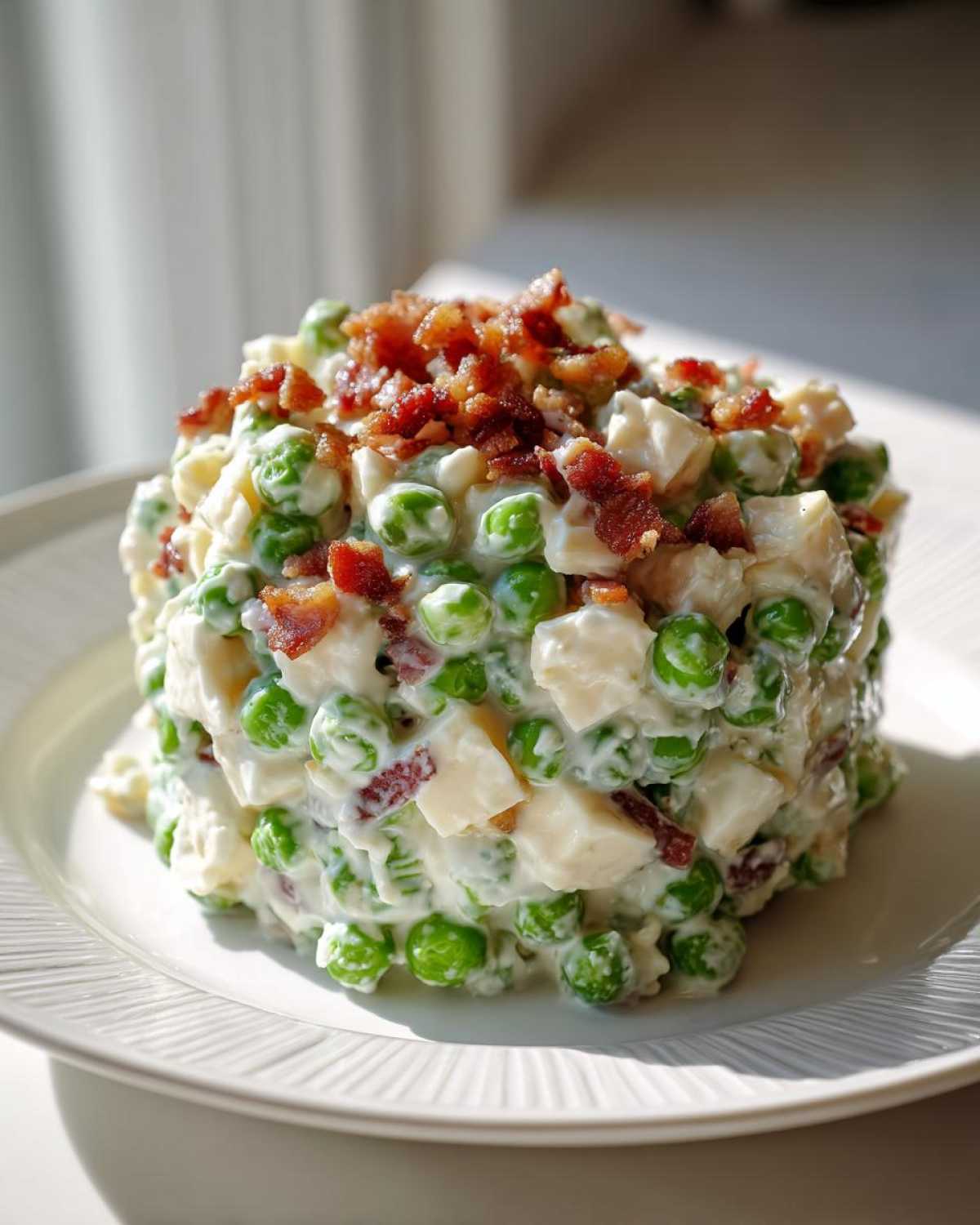 A molded serving of creamy pea salad mixed with white chunks, topped generously with crispy bacon bits.