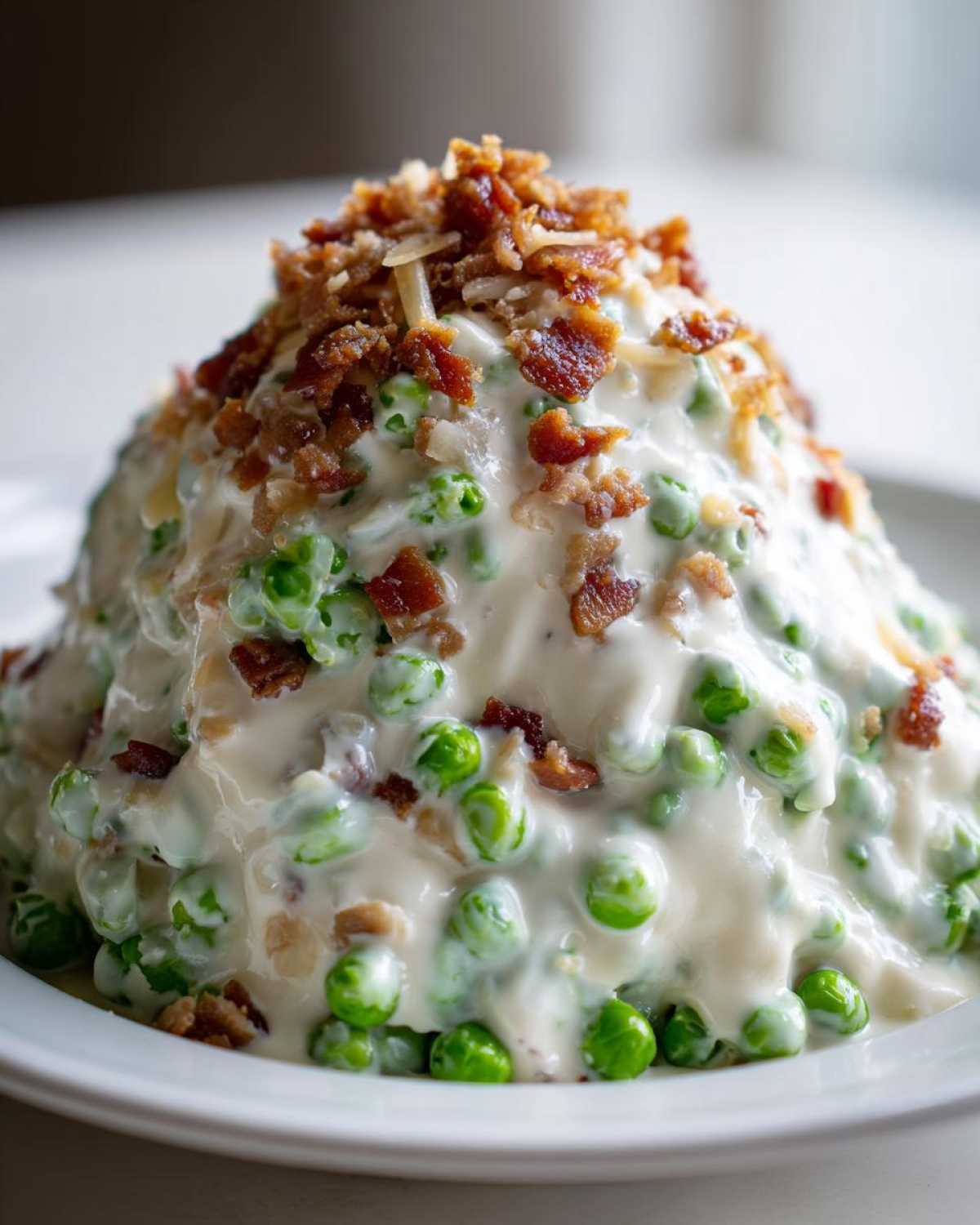 Close-up of a mound of creamy pea salad mixed with a white dressing and topped generously with crispy bacon bits.