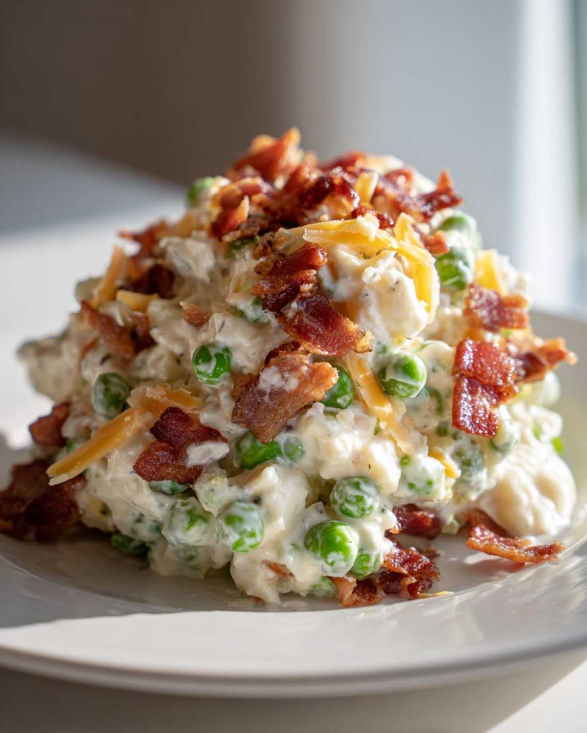 A mound of creamy pea salad mixed with a white dressing, topped generously with crumbled bacon and shredded cheddar cheese.