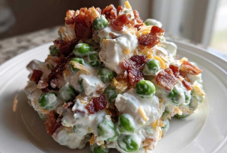 A scoop of creamy pea salad mixed with dressing, topped generously with crumbled bacon and shredded cheese.
