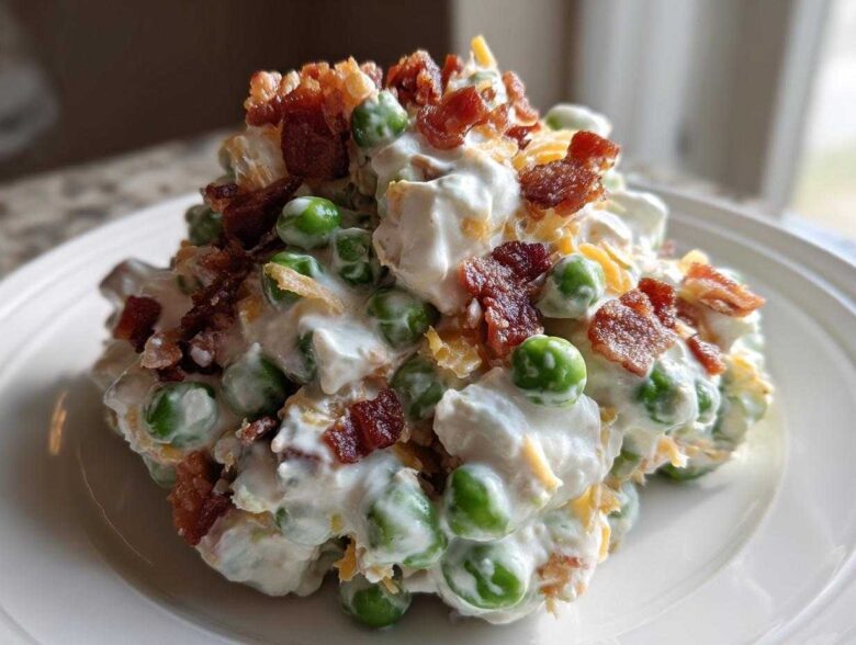 A scoop of creamy pea salad mixed with dressing, topped generously with crumbled bacon and shredded cheese.