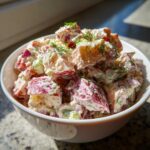 Close-up of creamy red potato salad mixed with dressing, celery, and topped with fresh dill.