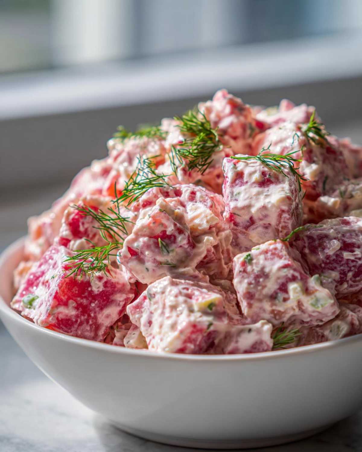 Close-up of a white bowl filled with creamy red potato salad, garnished with fresh dill sprigs.