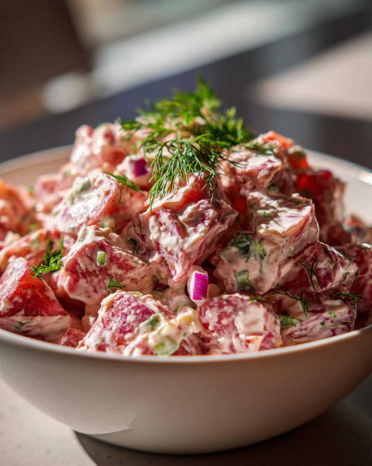 Close-up of a creamy red potato salad featuring chunks of red potato, red onion, and topped with fresh dill.