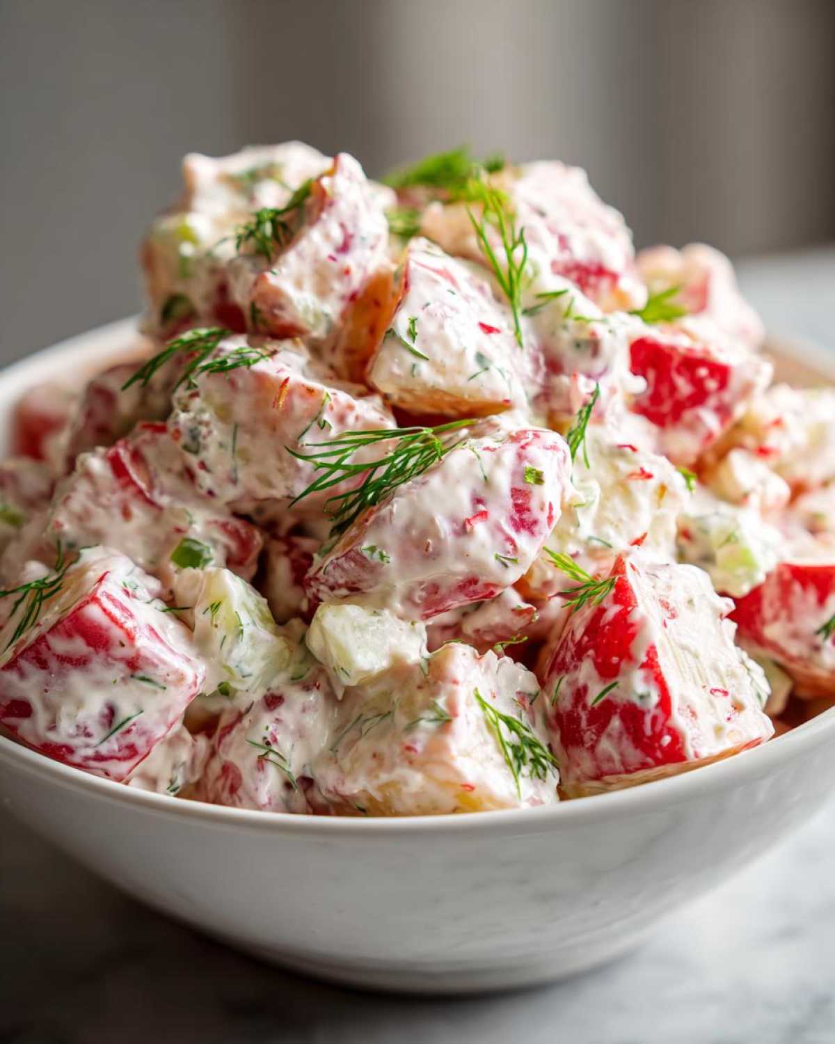 Close-up of creamy red potato salad chunks coated in dressing and garnished with fresh dill.