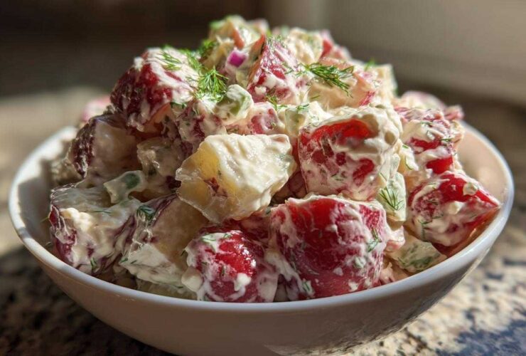 Close-up of a creamy red potato salad in a white bowl, garnished with fresh dill.