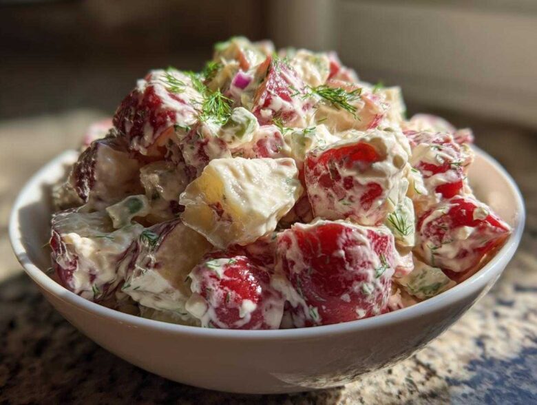 Close-up of a creamy red potato salad in a white bowl, garnished with fresh dill.