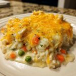 Close-up of a serving of creamy rice casserole topped with melted cheddar cheese, peas, and carrots.