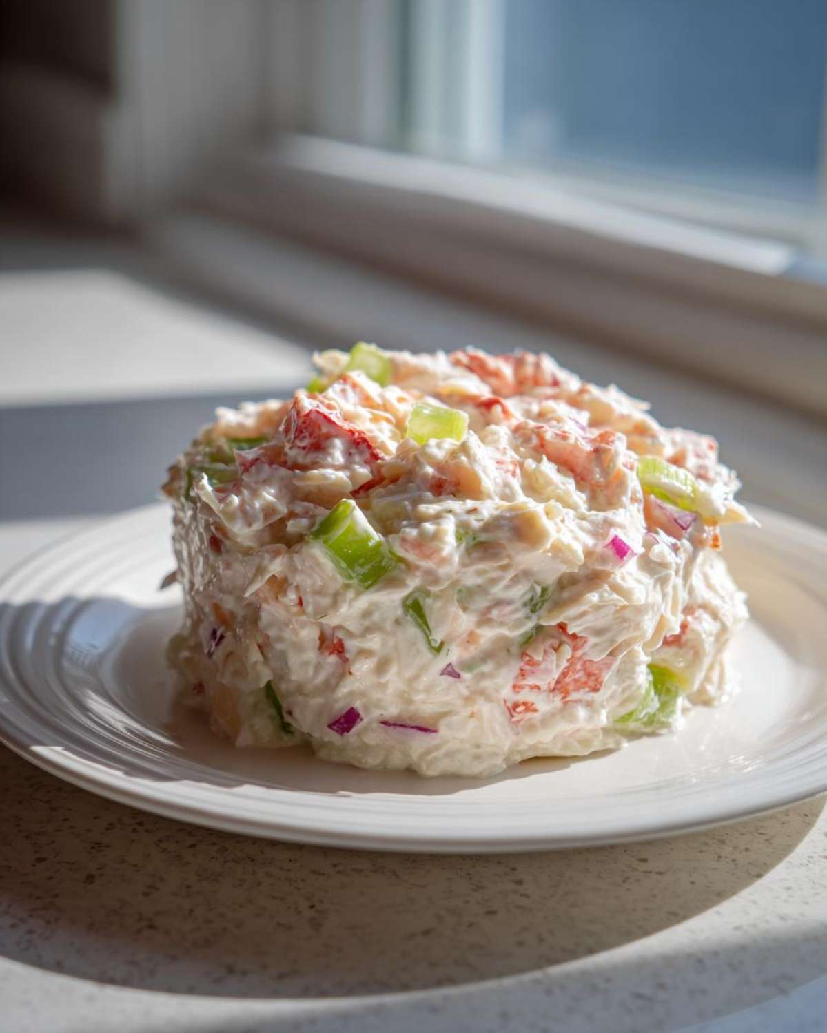 A perfectly molded serving of Creamy Seafood Salad Imitation Crab with visible celery and red onion chunks.