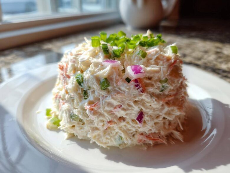 A molded serving of creamy seafood salad imitation crab topped with chopped green onions and red onion.