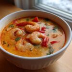 A close-up of a white bowl filled with vibrant orange and creamy tom yum soup, featuring large shrimp and red peppers.