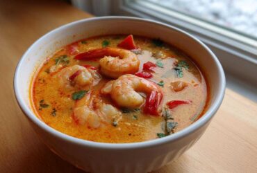 A close-up of a white bowl filled with vibrant orange and creamy tom yum soup, featuring large shrimp and red peppers.