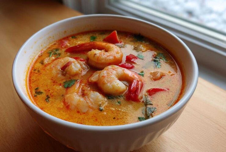 A close-up of a white bowl filled with vibrant orange and creamy tom yum soup, featuring large shrimp and red peppers.