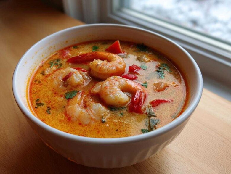 A close-up of a white bowl filled with vibrant orange and creamy tom yum soup, featuring large shrimp and red peppers.