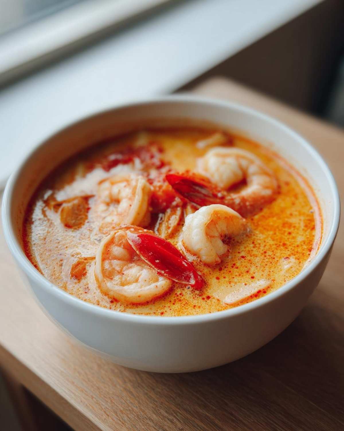 Close-up of a creamy, orange-hued tom yum soup featuring large shrimp and red chili slices.
