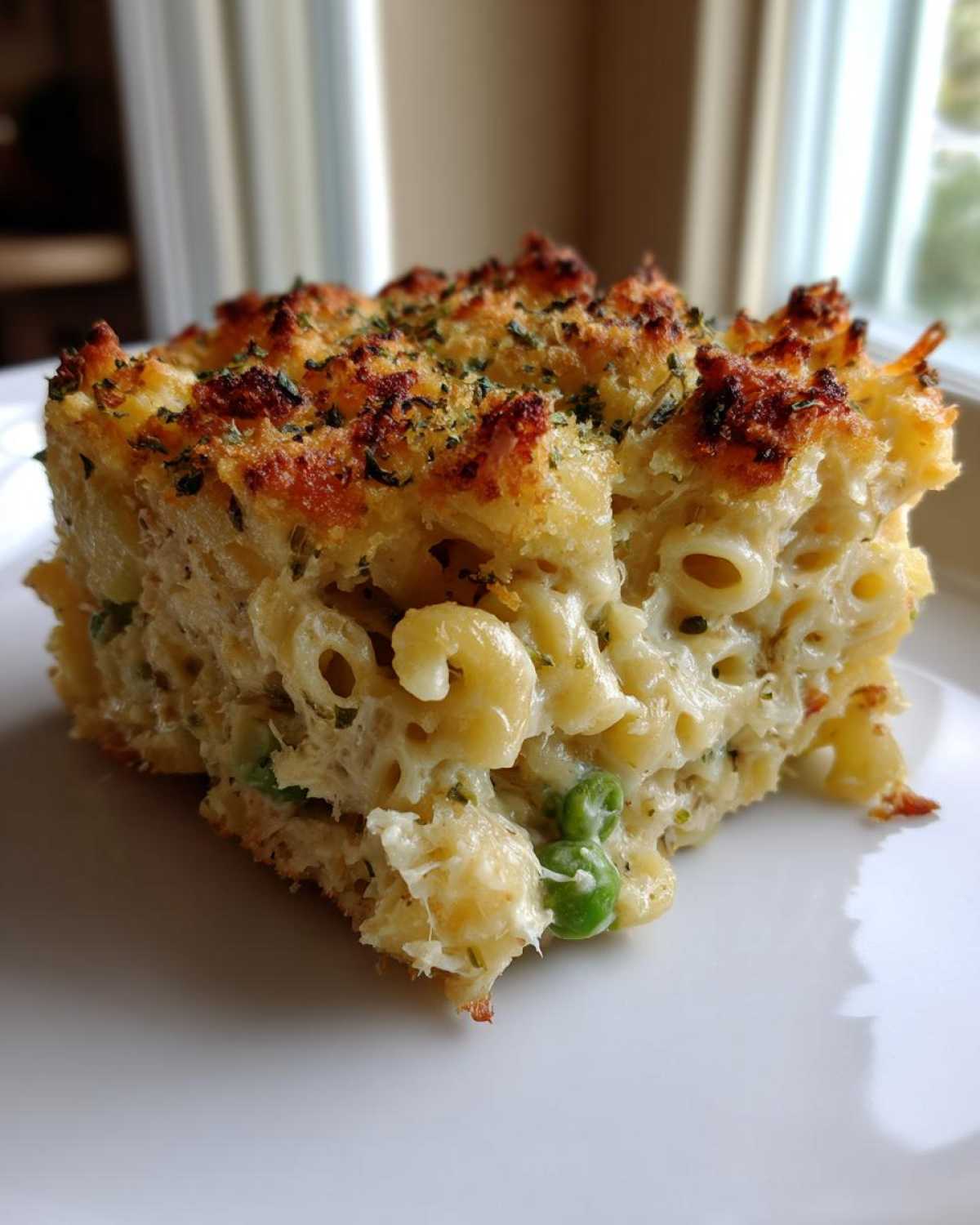 A close-up of a square serving of creamy tuna pasta bake with a crispy, herbed topping and visible green peas.