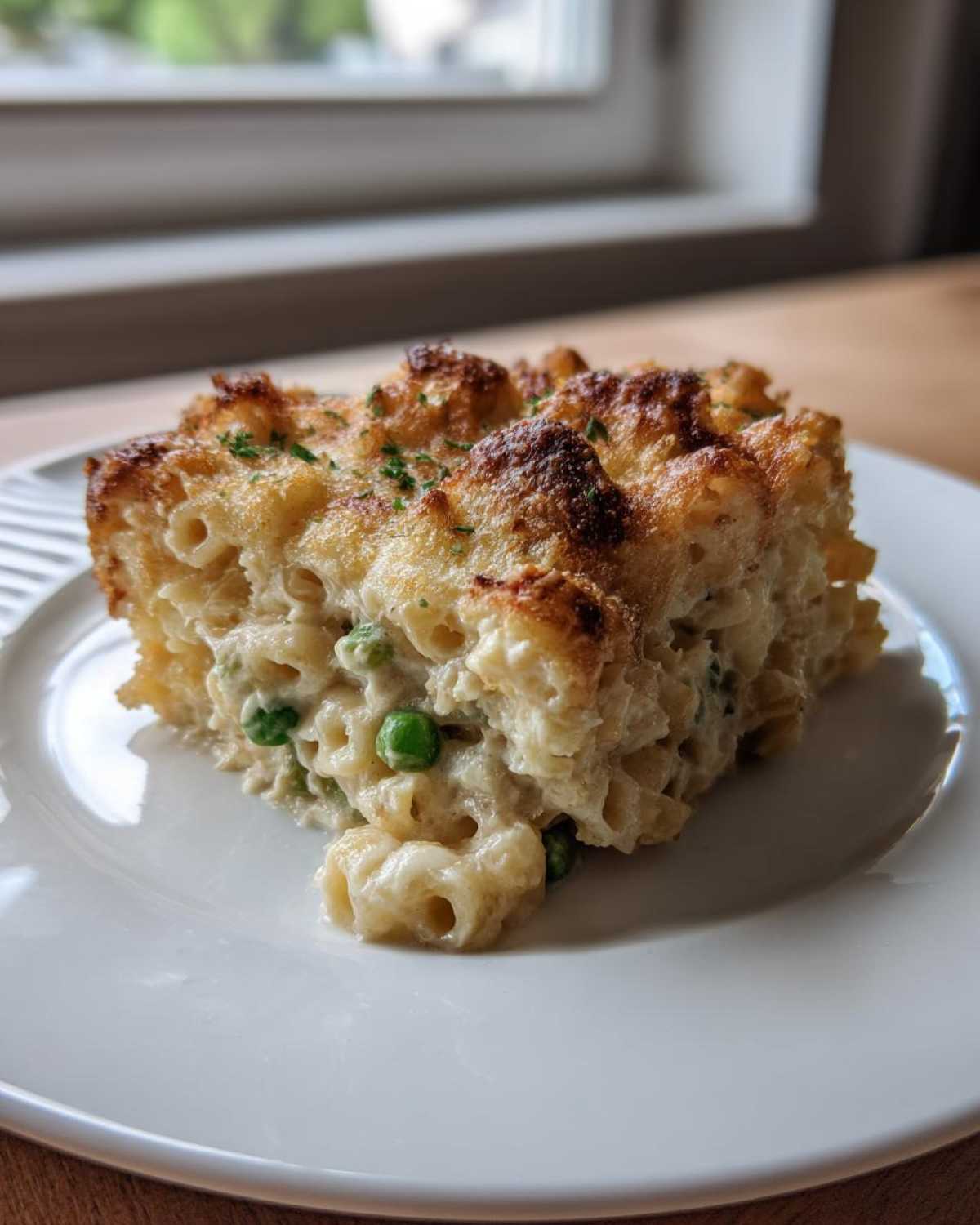 A square serving of creamy tuna pasta bake with a golden, crispy cheese topping and visible green peas.