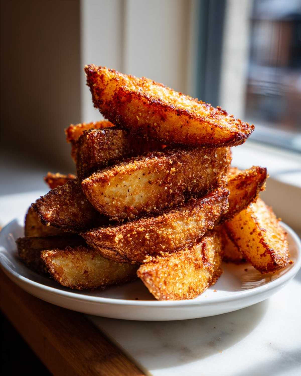 A tall stack of perfectly crispy, seasoned air fryer potato wedges piled high on a white plate near a window.