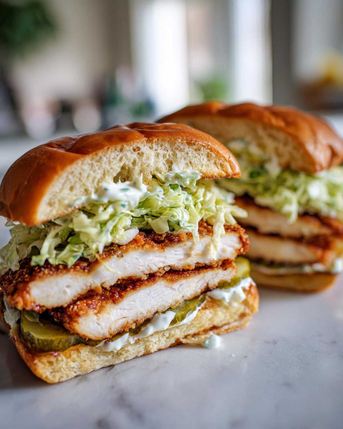 A halved Crispy Chicken Sandwich Dill Aioli showing thick fried chicken, pickles, and creamy slaw on a brioche bun.
