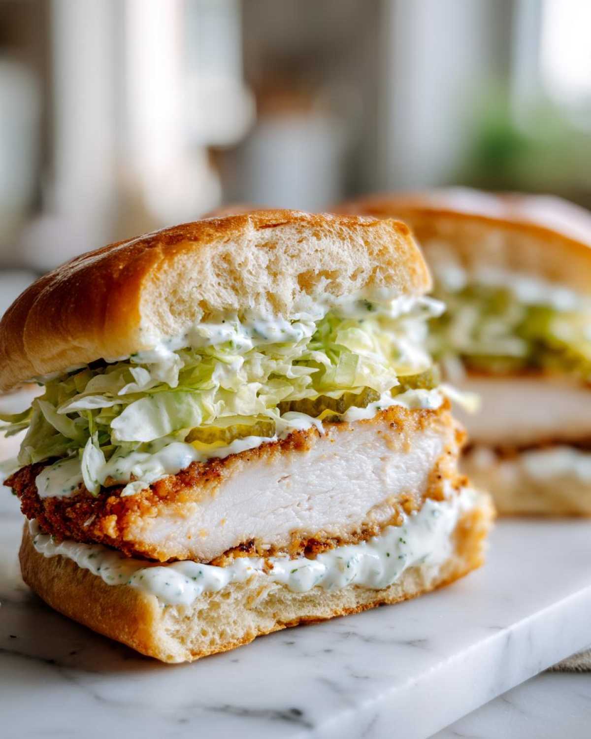 Close-up of a Crispy Chicken Sandwich Dill Aioli cut in half, showing thick white chicken breast, dill aioli, and shredded lettuce.