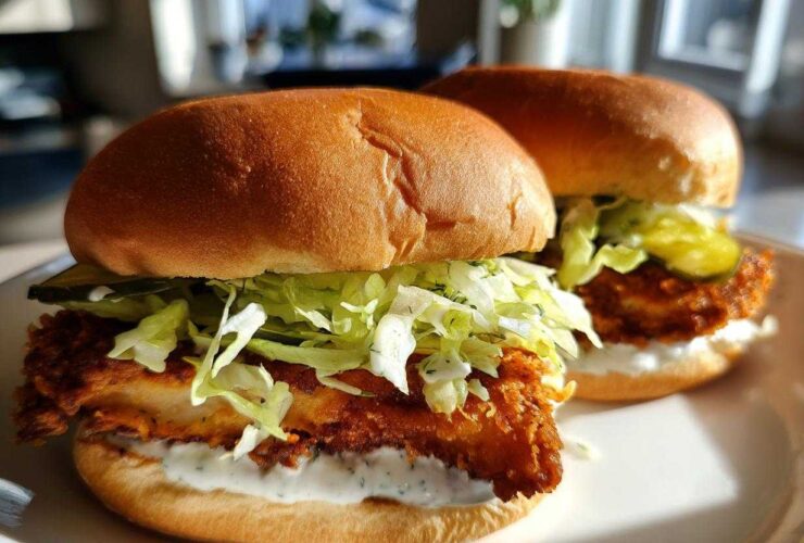 Two Crispy Chicken Sandwich Dill Aioli sandwiches featuring fried chicken, shredded lettuce, pickles, and creamy dill aioli on toasted buns.