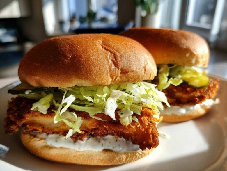 Two Crispy Chicken Sandwich Dill Aioli sandwiches featuring fried chicken, shredded lettuce, pickles, and creamy dill aioli on toasted buns.