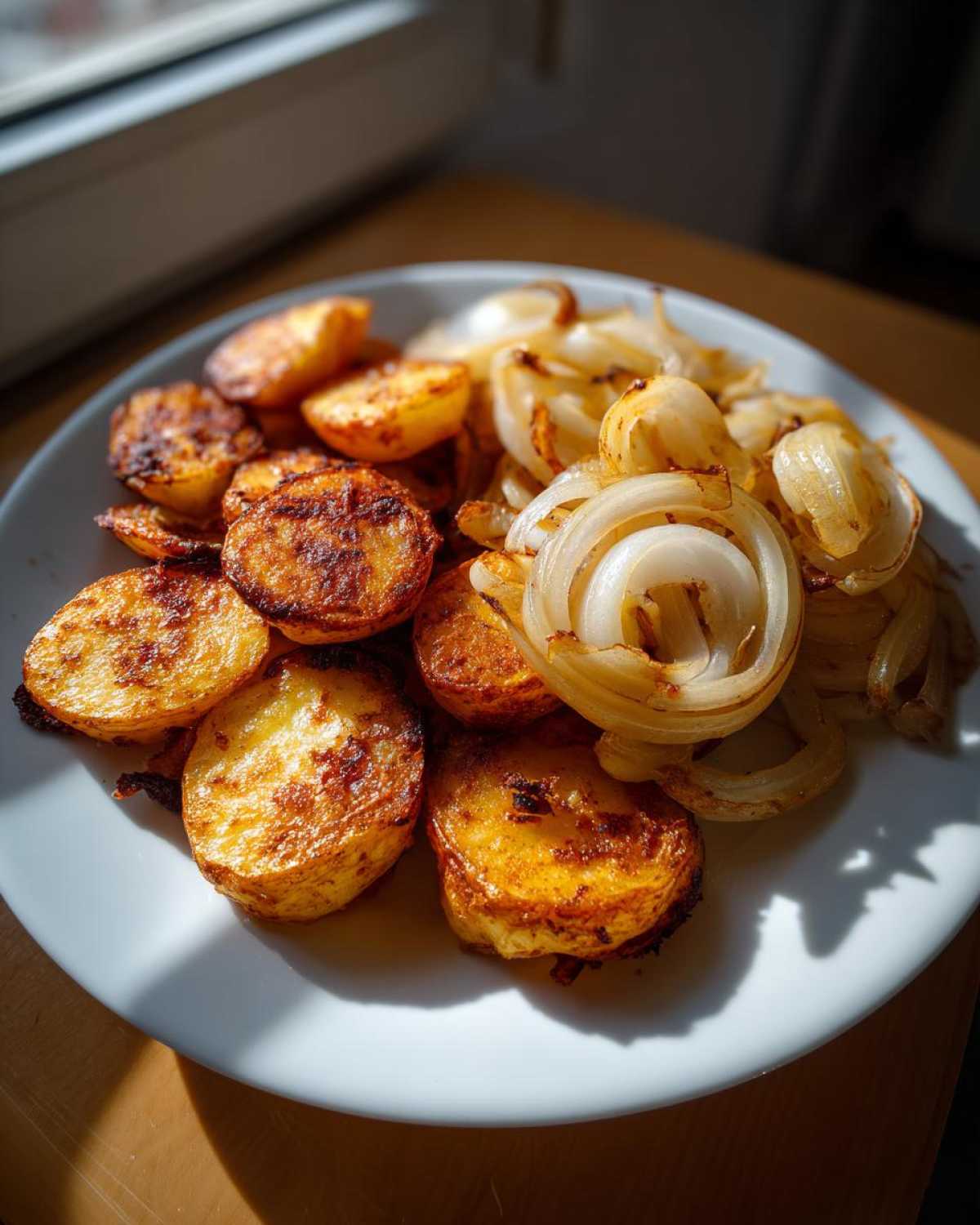 A white plate piled high with golden brown, crispy fried potatoes and sautéed onion slices, catching bright sunlight.