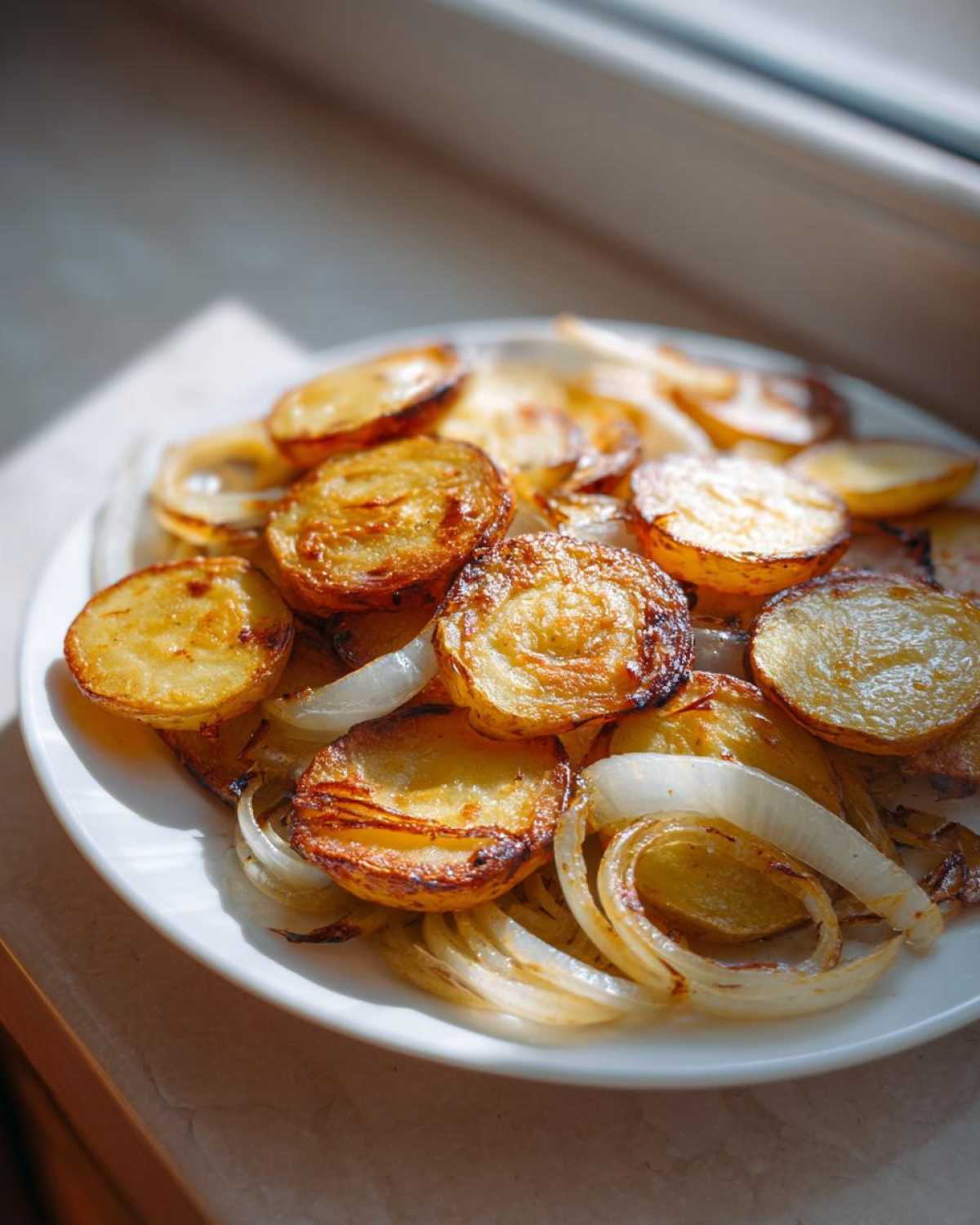 Close-up of perfectly golden and crispy fried potatoes mixed with caramelized onion slices on a white plate.