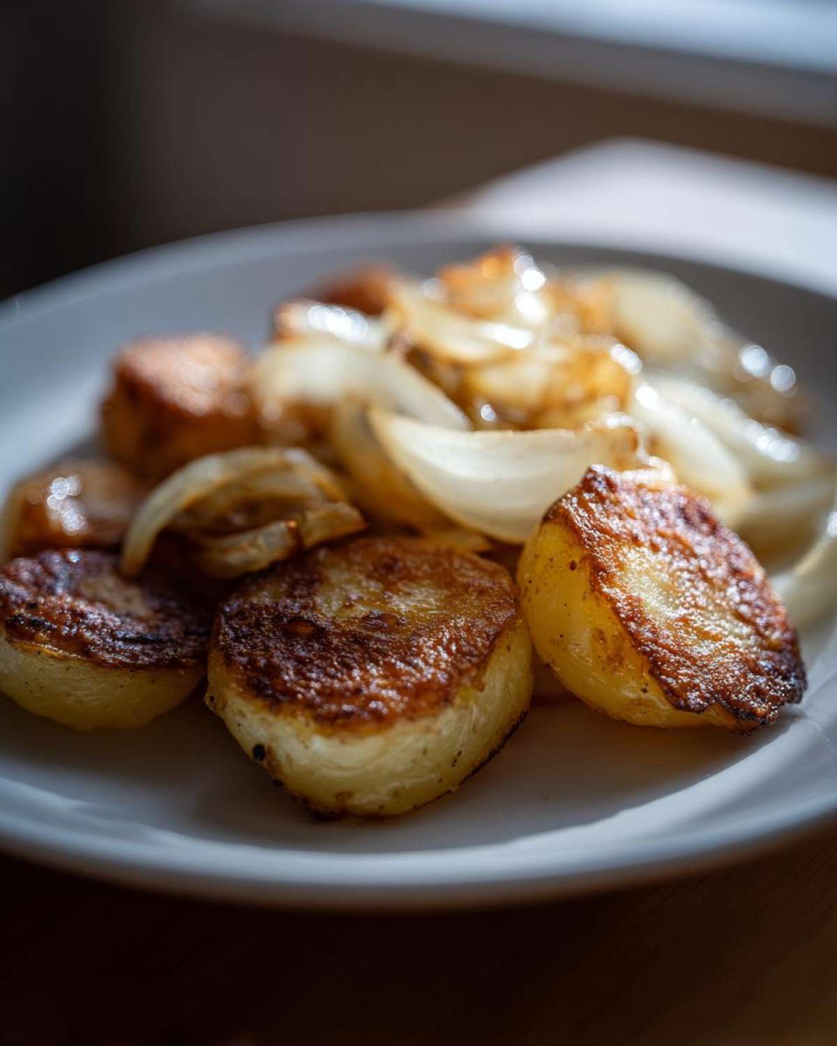 Close-up of golden brown, crispy fried potatoes served with soft, caramelized onions on a white plate.