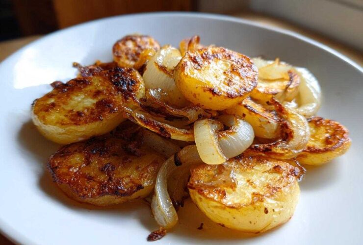 Close-up of golden brown, crispy fried potatoes mixed with soft, caramelized onions served on a white plate.