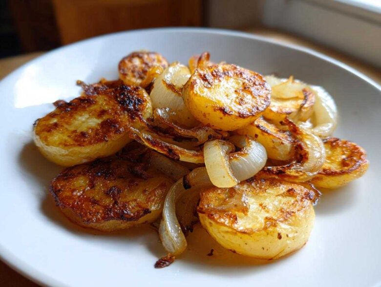 Close-up of golden brown, crispy fried potatoes mixed with soft, caramelized onions served on a white plate.