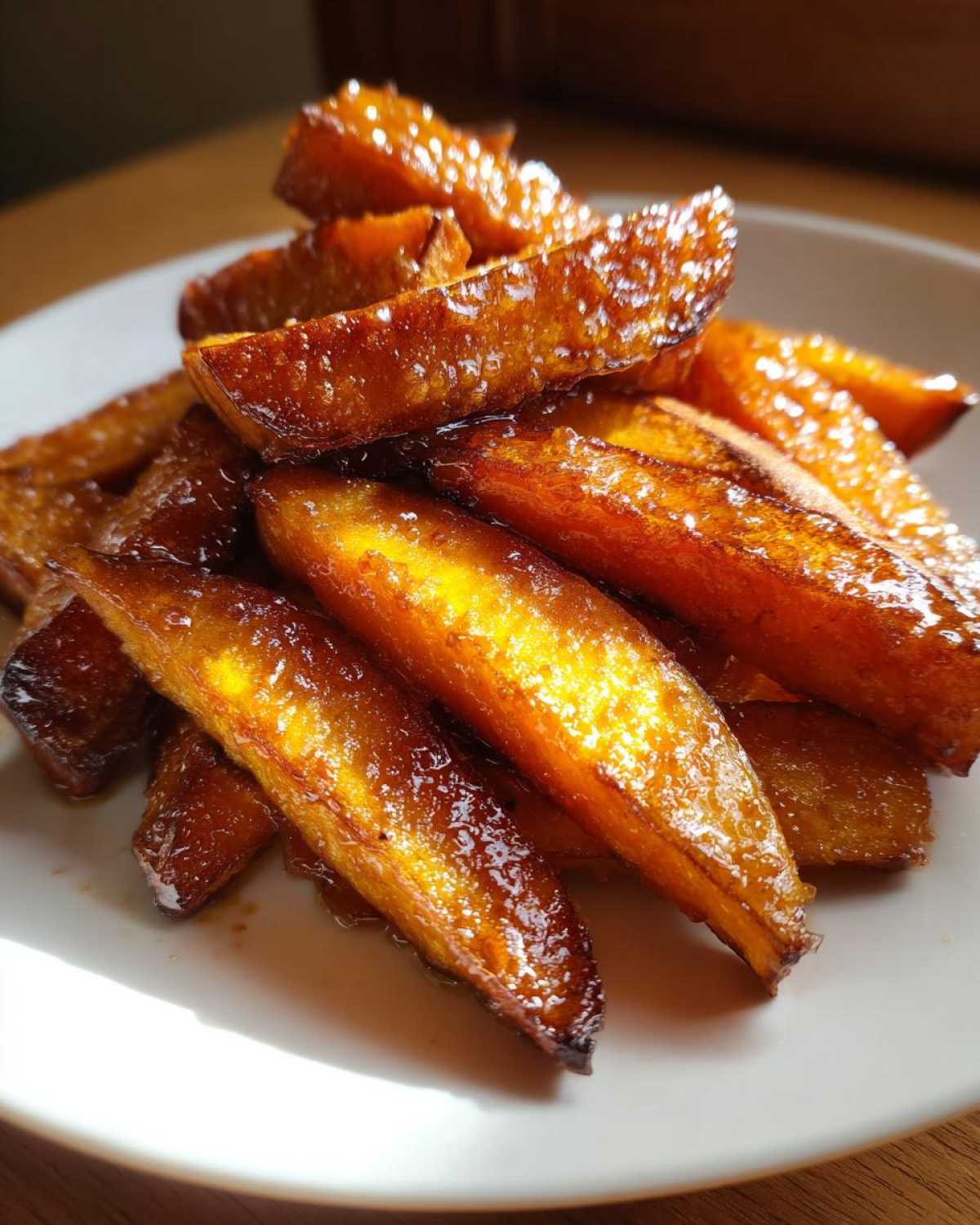 Close-up of perfectly crispy and glazed sweet potatoes stacked on a white plate, highlighting their caramelized exterior.